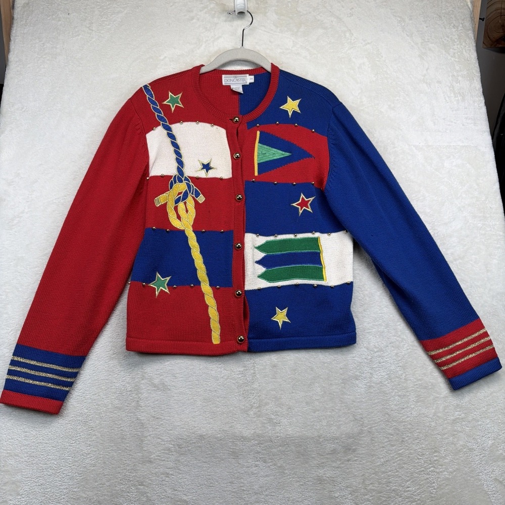 Vintage 80s Nautical Sailboat Cardigan Womens Small Novelty Coastal Preppy